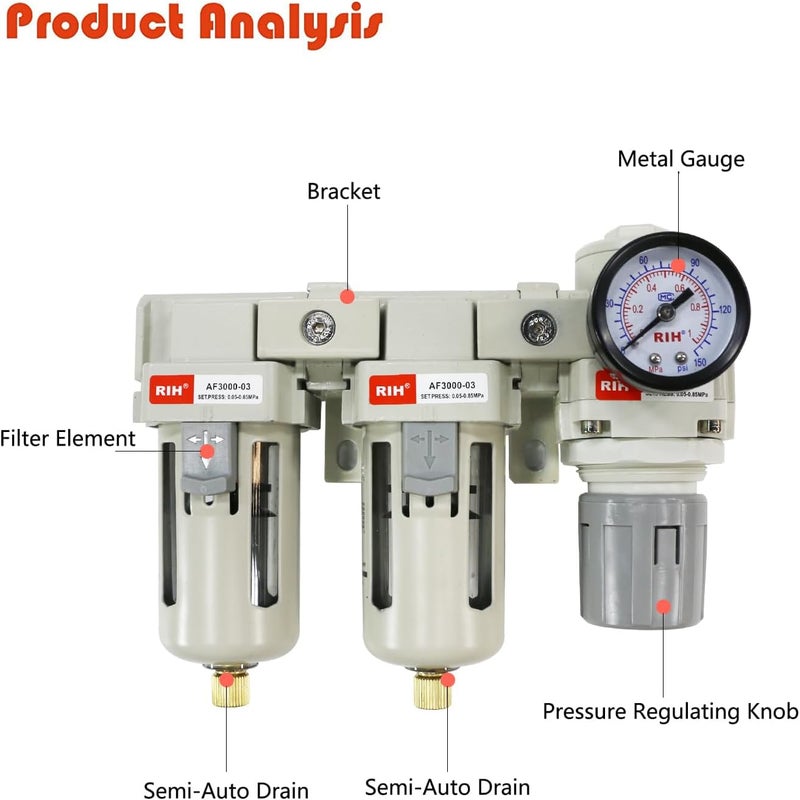 RIH Store Pneumatics DFR-03 3/8'' NPT Compressed Air Double Filter & Regulator, Air Drying System, Air Compressor Water Separator, Semi -Auto Drain, Poly Bowl,0-150 psi Gauge, 5 Micron Brass Element - Image 3